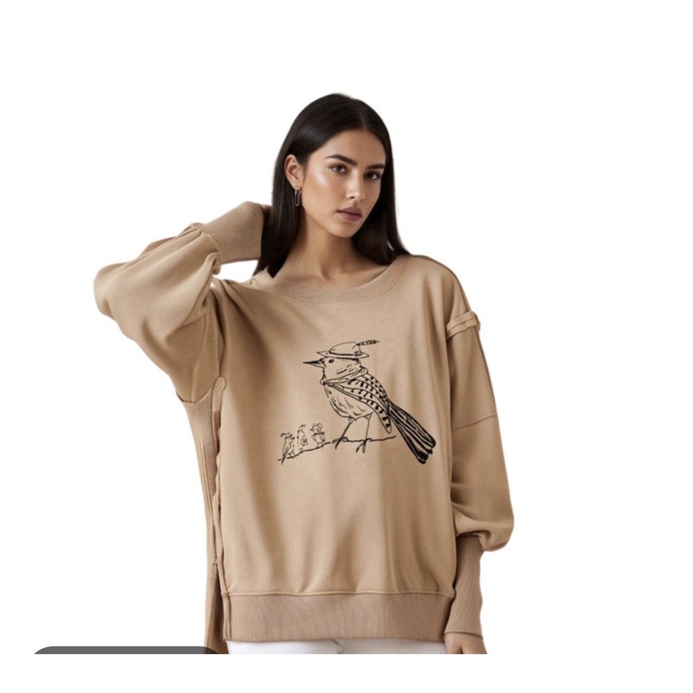 free people we the free graphic camden sweatshirt S Bird Hat Feather Baby Birds